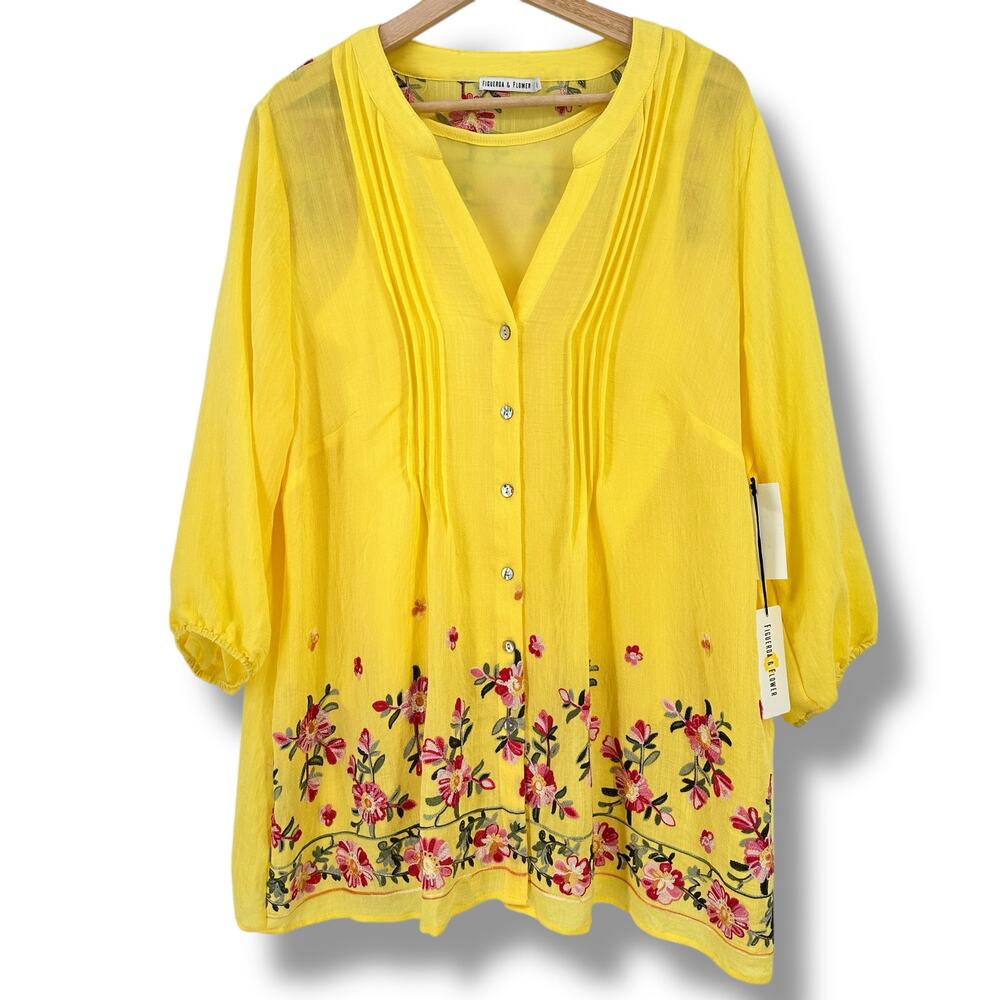 Figueroa & Flower Floral Embroidered Shirt Plus Size 2X Yellow Pink V Neck